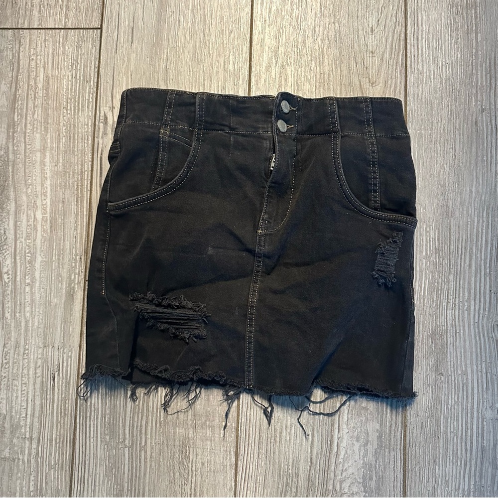 Free People Distressed Black Denim Mini Skirt